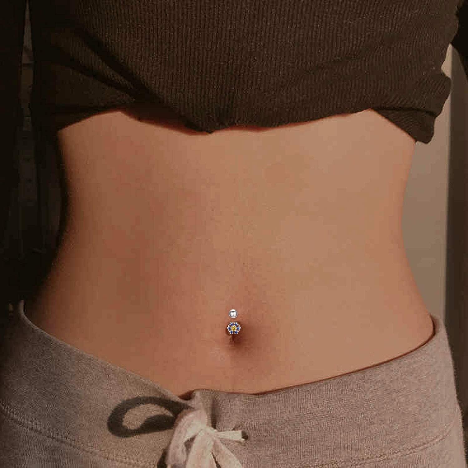 925 Sterling Silver Snowflake Blue Crystal Yellow CZ Dangle Belly Button Rings for Women-0-1