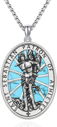 wholesale 925 Sterling Silver Turquoise St Sebastian Athletes Protection Medal Necklace Pendant-15a-St Sebastian-Turquoise-15a-St Sebastian-Turquoise