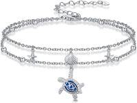 wholesale 925 Sterling Silver Layered Anklet with Blue Opal Sea Turtle and Starfish Charms for Women-Anklet 9''-11''-Turtle-B