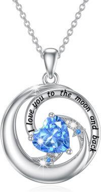 wholesale 925 Sterling Silver Blue Crystal Heart & Moon Charm Pendant Necklaces for Women Gifts-Heart Moon