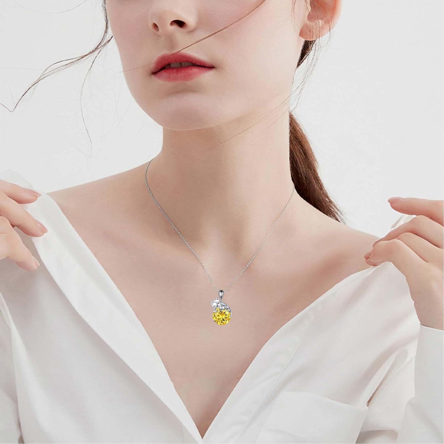 925 Sterling Silver Yellow Crystal Cats Pendant Necklace for Women-0-1