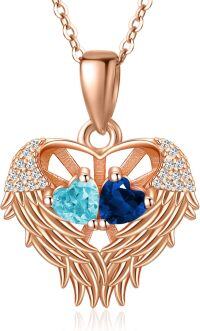wholesale Sterling Silver 2 Birthstones Angel Wings Necklace for Women-03-09-Mar-Sept