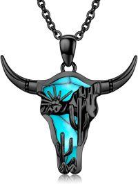 wholesale Sterling Silver Turquoise Cow Skull Necklace Western Cowgirl Jewelry-Black Turquoise B