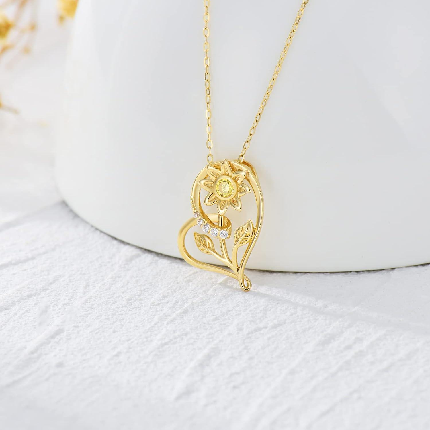14K Gold Sunflower Heart Necklace for Women Real Gold Flower Pendant Fine Jewelry Gift for Wife Mom Girlfriend 16 18 -0-3