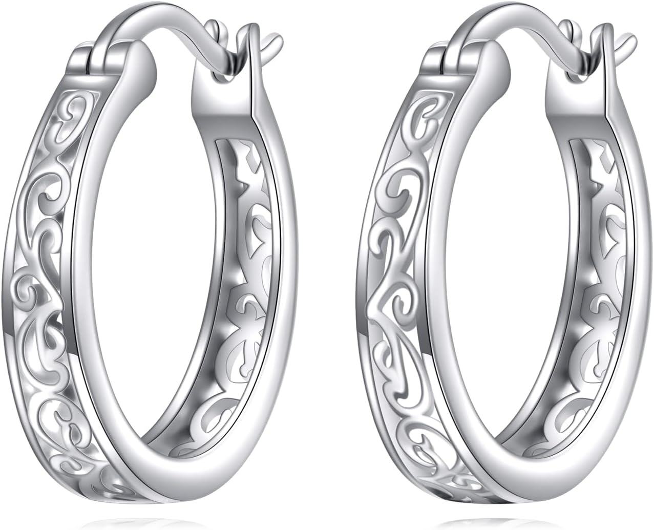 Sterling Silver Hypoallergenic Small Hoop Sun Leaf Triangle Huggie Earrings for Women-Filigree-Oxidizied2-Filigree-Oxidizied2