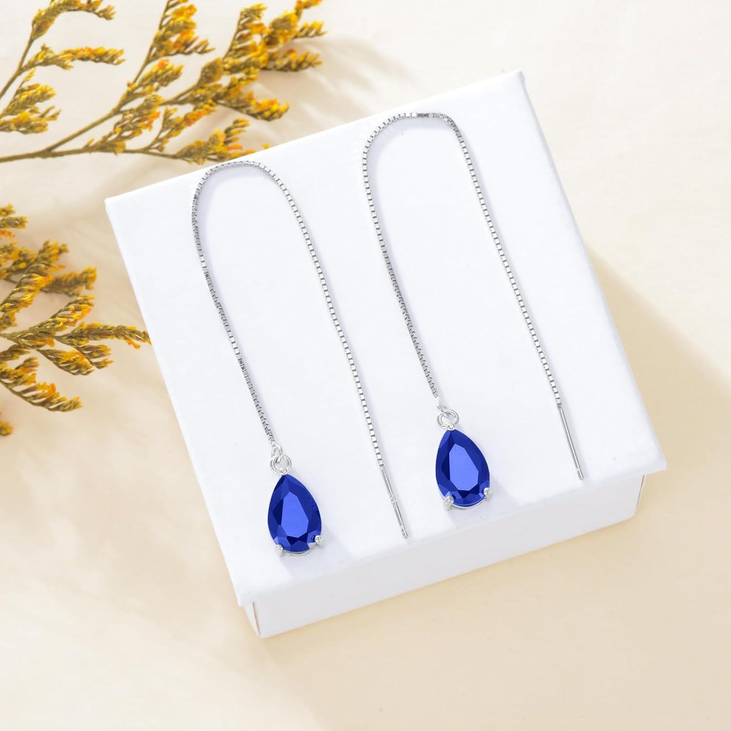925 Sterling Silver Birthstone Crystal 11 8mm Threader Drop Long Chain Earrings-0-2