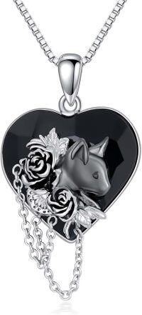 wholesale 925 Sterling Silver Heart Shaped Black Onyx Rose and Fox Pendant Necklace-Cat-Crystal