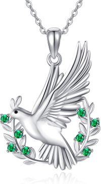 wholesale 925 Sterling Silver 925 Flying Bird Pendant Necklace w/ Green Stone Accents - Mother's Day Gifts for Her-Pigeon-Dove