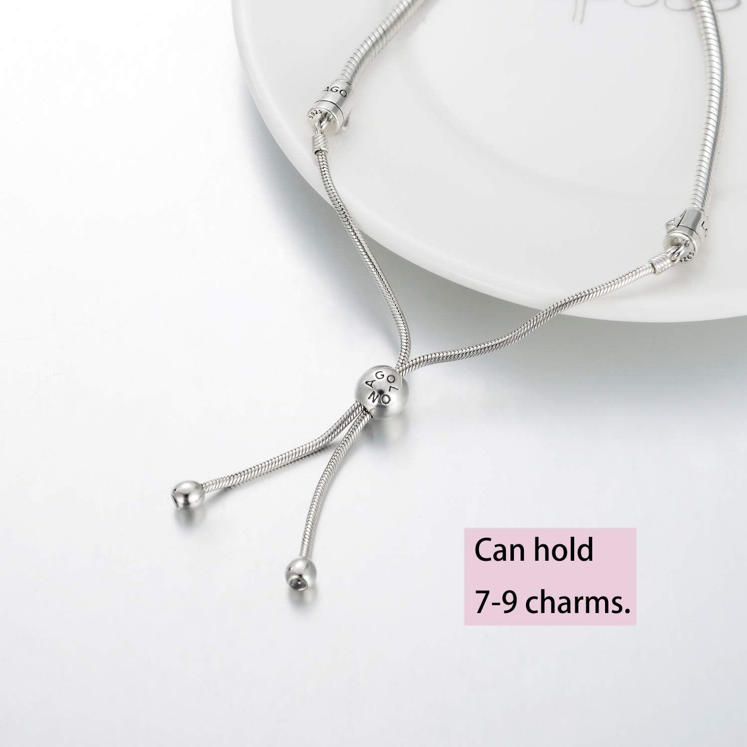 925 Sterling Silver Snake Chain Slide Lock Adjustable Length Snakeskin Beads Bracelet for Women's s-0-2