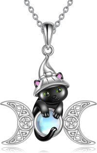 wholesale 925 Sterling Silver Cat Witch Triple Moon Goddess Amulet Necklace Wicca Jewelry-Cat