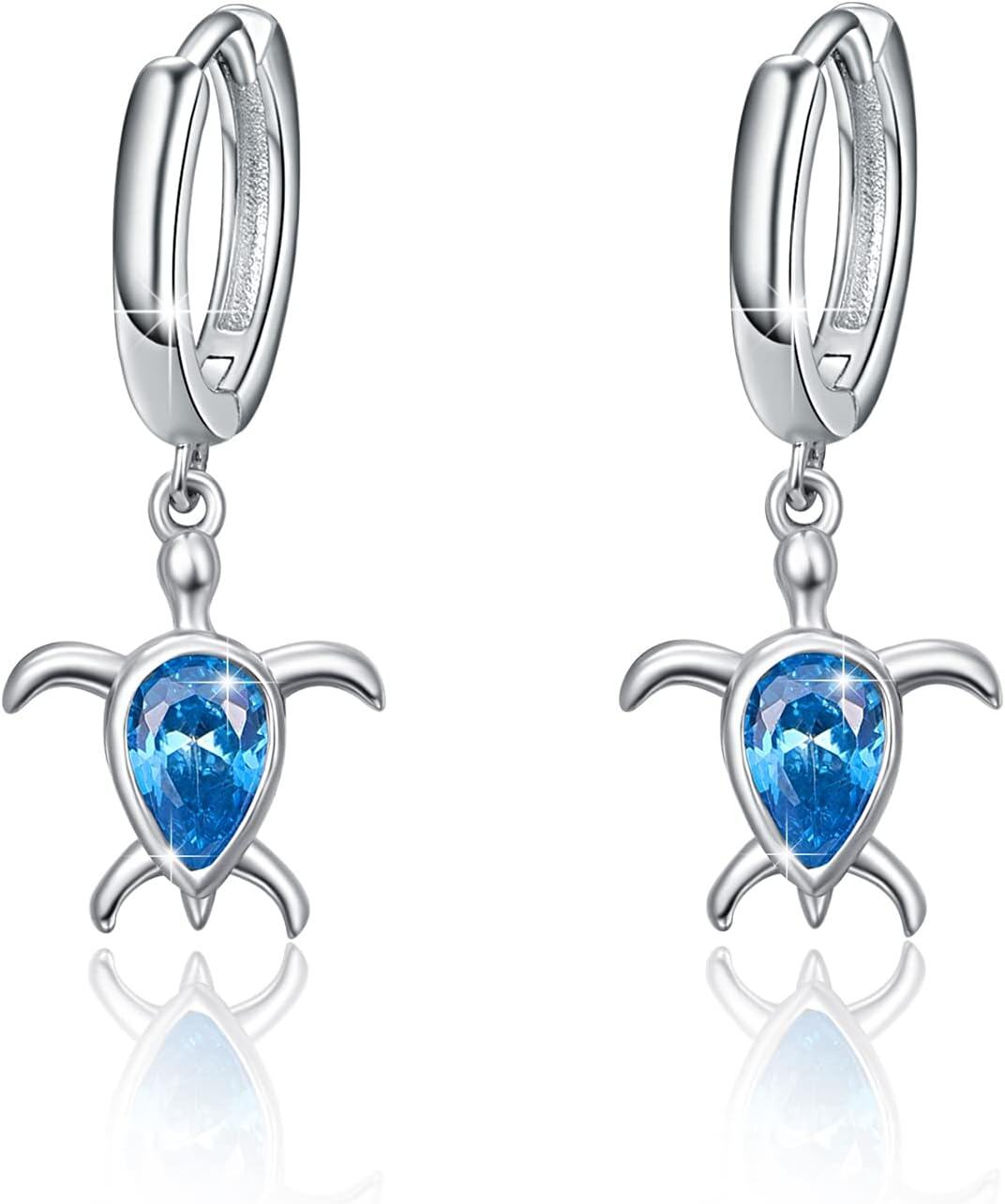 wholesale 925 Sterling Silver Blue Crystal Sea Turtle Huggie Hoop Earrings Oceanic Gift for Her-0-0