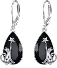 wholesale 925 Sterling Silver Cat & Star Design Teardrop Black Onyx Leverback Earrings-Cat