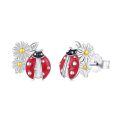 wholesale 925 Sterling Silver Red Enamel Ladybug Daisy Flower Two Tone Stud Earrings-0-0