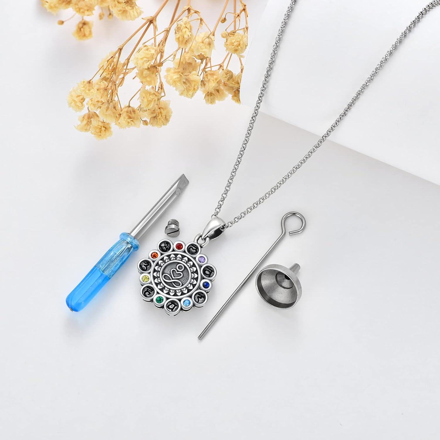 925 Sterling Silver Multi-Color Crystal Chakra Urn Pendant Necklace for Ashes Keepsake Jewelry-0-2