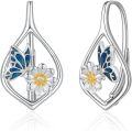 wholesale 925 Sterling Silver Butterfly Flower Leverback Hoop Earrings with Enamel and Cubic Zirconia-0-0