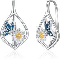 wholesale 925 Sterling Silver Butterfly Flower Leverback Hoop Earrings with Enamel and Cubic Zirconia-Blue Butterfly