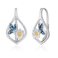 wholesale 925 Sterling Silver Butterfly Flower Leverback Hoop Earrings with Enamel and Cubic Zirconia-Blue Butterfly