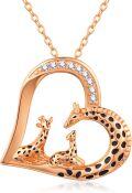 wholesale Rose Gold 925 Sterling Silver Giraffe Family in Heart Shape Pendant Necklace for Women Mom Grandma-0-0
