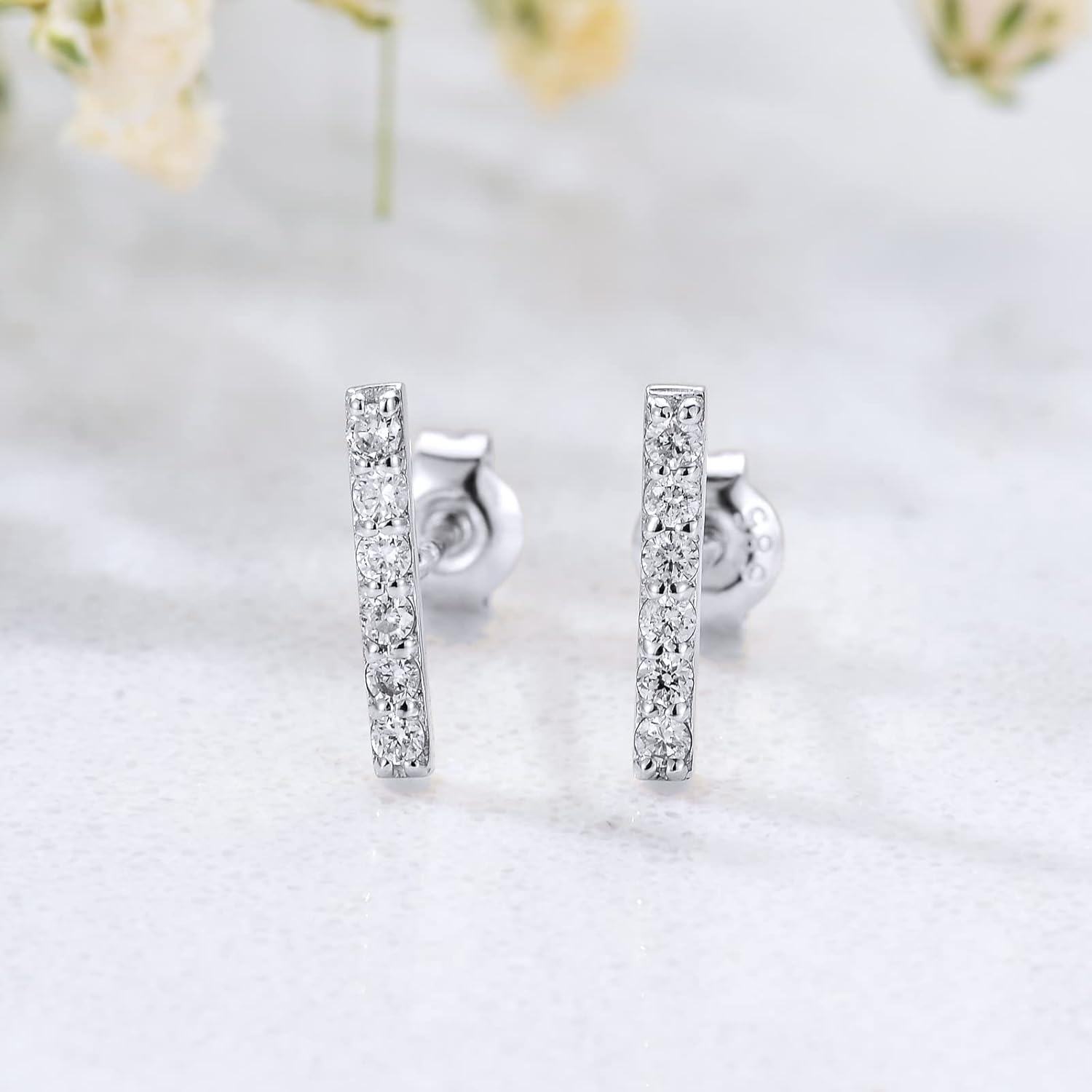 14K Gold Natural Diamond Bar Stud Earrings-0-4