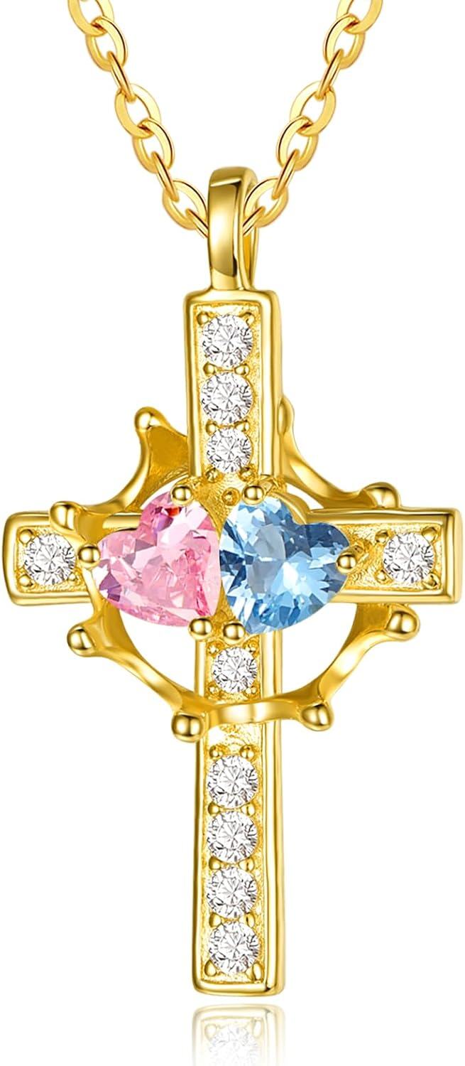 Sterling Silver Birthstones Gold Cross Necklace for Women -10-12-Oct-Dec-10-12-Oct-Dec
