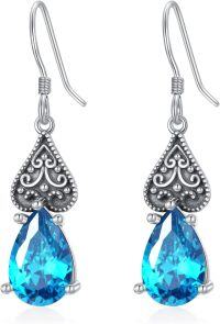wholesale Sterling Silver 12 Months Birthstone Vintage Teardrop Dangle Earrings-12-Blue Zircon