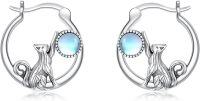 wholesale 925 Sterling Silver Moonstone Cat Hoop Earrings, Round June Birthstone, Vintage Oxidized Design, Gift for Women-Cat