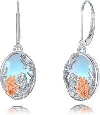 wholesale 925 Sterling Silver Horse & Girl Oval Drop Earrings with Blue Stone and Rose Gold Accents-Horse