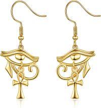 wholesale 925 Sterling Silver Hypoallergenic Eye Of Horus & Ankh Drop Earrings - Ancient Egypt Jewelry for Women-Gold