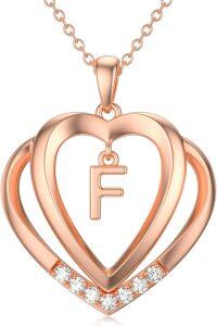 wholesale Sterling Silver Moissanite Heart Initial Pendant Necklace for Her-Rose Gold - F Initial