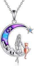 wholesale 925 Sterling Silver Moon & Cat Charm Necklace for Women - Purple Glittery Stone Pendant -0-0