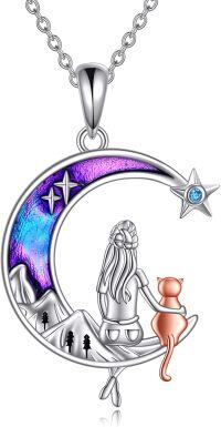 wholesale 925 Sterling Silver Moon & Cat Charm Necklace for Women - Purple Glittery Stone Pendant -Animal necklace-cat