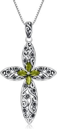 wholesale Sterling Silver 12 Birthstone Faith Cross Pendant Necklace for Women-Peridot