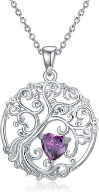 wholesale Sterling Silver Birthstone Tree of Life Necklace for Women-02-Feb-Amethyst