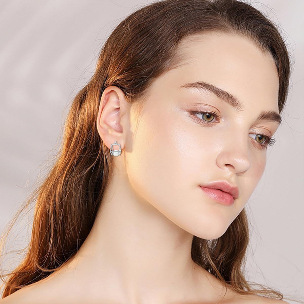 Sterling Silver Hexagon Pearl Hoop Earrings for Women Girls-0-1