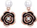 wholesale 925 Sterling Silver Black Enamel Rose Pearl Drop Earrings for Women s-0-0