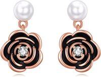 wholesale 925 Sterling Silver Black Enamel Rose Pearl Drop Earrings for Women s-ROSE