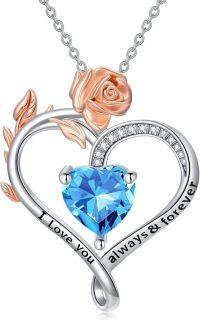 wholesale 925 Sterling Silver Rose Heart Birthstone Necklace for Women Valentine s Day Mother s Day Gift-3-March Birthstone