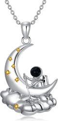 wholesale 925 Sterling Silver Crescent Moon with Astronaut and Stars Pendant Necklace for Women & Men-0-0