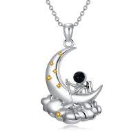 wholesale 925 Sterling Silver Crescent Moon Pendant Necklace With Gold Star Accents And Black Enamel Detail-astronaut necklace
