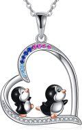 wholesale 925 Sterling Silver Penguin Love Heart Pendant Necklace with Pink Blue Crystal  for Women Girl Xmas Present-0-0