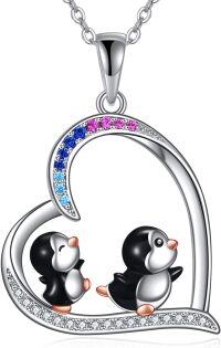 wholesale 925 Sterling Silver Penguin Love Heart Pendant Necklace with Pink Blue Crystal  for Women Girl Xmas Present-Two Running Penguins
