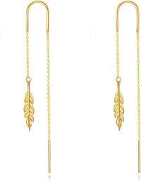 wholesale 14k/18k Solid Gold Feather Threader Earrings Long Dangle Ear Line s-Feather threader earrings