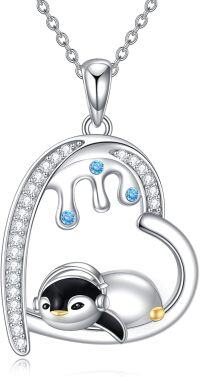 wholesale 925 Sterling Silver Penguin Heart-Shaped Pendant Necklace with Blue Crystal Accents - Gifts for Women-Penguin