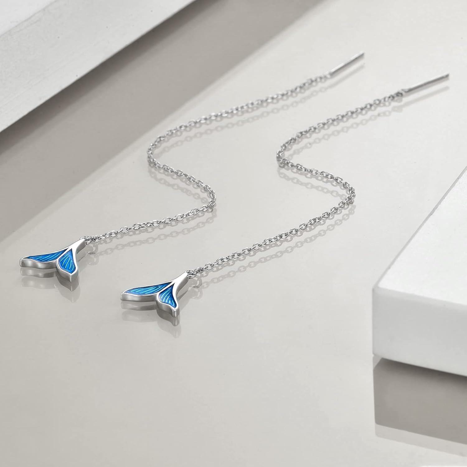 925 Sterling Silver Blue Enamel Mermaid Tail Drop Dangle Threader Earrings with Chain s for Women-0-2