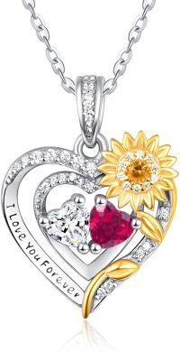 wholesale Sterling Silver 2 Birthstones Sunflower Heart Necklace for Women-04-07-Apr-Jul
