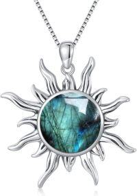 wholesale 925 Sterling Silver Labradorite Necklace with Sun Charm - 18.2 Inch Rhodium Plated Chain, 13mm Pendant, Healing Gemstone Jewelry Gift-G_Labradorite