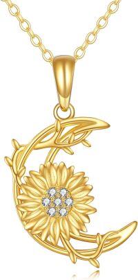 wholesale 14K Gold Sunflower Pendant Necklace with Cubic Zirconia and Leaves Design - Elegant s for Her-Sunflower Necklace