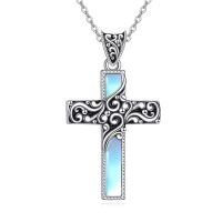 wholesale 925 Sterling Silver Cross Pendant Necklace Blue Opalite Vintage Filigree Chain-Moonstone Necklace