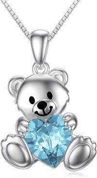 wholesale  Sterling Silver Crystal Teddy Bear Necklace Birthstone Jewelry Gift for Women -Blue Crystal