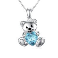 wholesale 925 Sterling Silver Crystal Teddy Bear Necklace Birthstone Jewelry Gift for Women-Blue Crystal